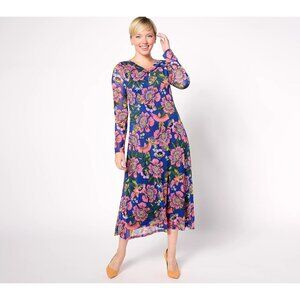 Destination 365 petite printed mesh midi dress with twisted neck, royal blue flo